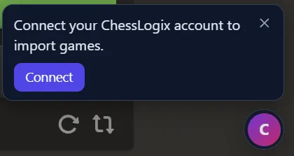 The ChessLogix prompt on a Chess.com game page: Connect your ChessLogix account to import games, with a Connect button above the round ChessLogix icon