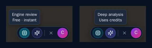 The ChessLogix icon opened into two buttons. On the left, the chip icon labeled Engine review, Free, instant. On the right, the sparkles icon labeled Deep analysis, Uses credits.