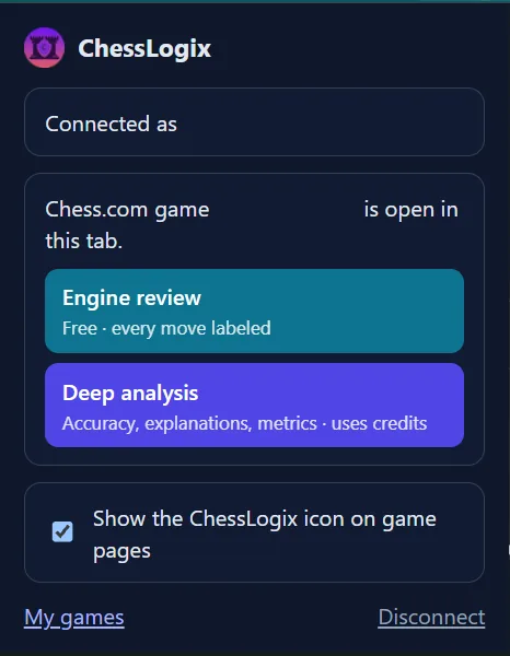The ChessLogix toolbar popup with a Chess.com game open: Engine review, free with every move labeled; Deep analysis, with accuracy, explanations and metrics, using credits; and the setting to show the ChessLogix icon on game pages. The account name and game number are hidden in this screenshot.