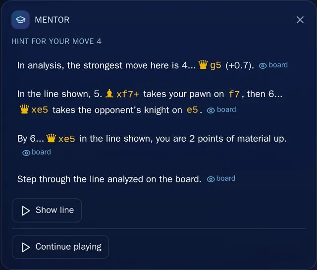 An AI Mentor hint for Black, every step revealed: the strongest move, what happens in the line shown, the material count at the end of it, and a Show line button.