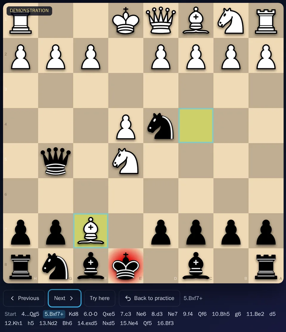 The board playing the hint's line as a demonstration, with Previous, Next, Try here and Back to practice under it and the numbered moves of the line below.