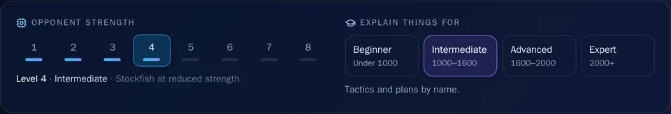 The AI Mentor start page: Opponent strength with levels 1 to 8, and Explain things for with Beginner, Intermediate, Advanced and Expert, each with its rating range.