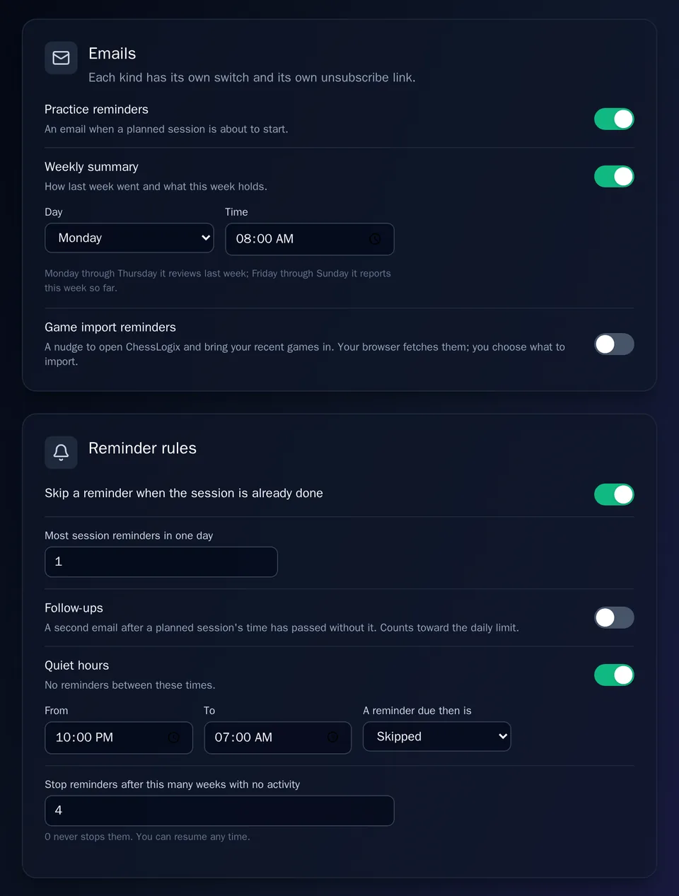 The Reminders tab: switches for practice reminders, the weekly summary (with its day and time) and game import reminders, then the reminder rules: skip a reminder when the session is already done, at most one session reminder a day, follow-ups off, quiet hours from 10:00 PM to 7:00 AM, and stop reminders after 4 weeks with no activity