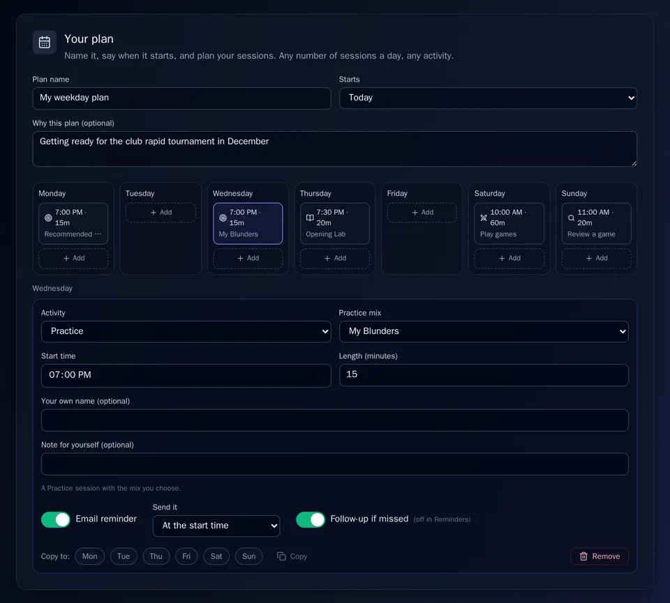 The Plan tab: a plan name and a note on why, a Monday-to-Sunday grid of sessions with an Add button on every day, and Wednesday's session open with its activity, practice mix, start time, length, email reminder and follow-up switches