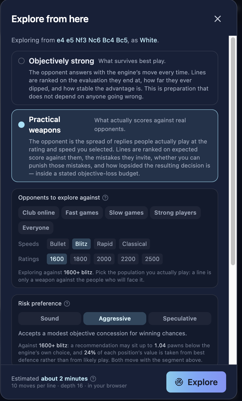 The Explore from here dialog: a choice between objectively strong lines and practical weapons, the opponent population and rating band to explore against, speed filters, and a risk preference.