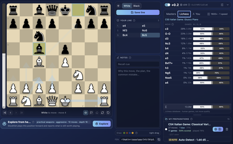 Opening Lab in full: the board and evaluation bar on the left, the saved line and notes in the middle, and the Lichess database with per-move human results on the right.