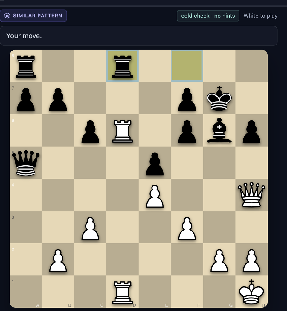 A ChessLogix training exercise in progress: the similar-pattern badge, the prompt "Your move.", and the board.