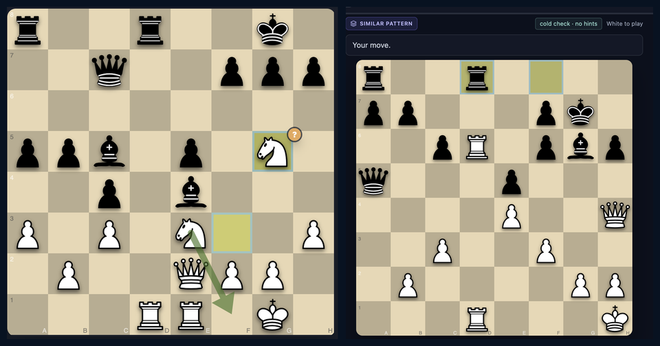 Two boards side by side: on the left the position from a real game with the flagged knight move highlighted and the engine’s alternative drawn as an arrow; on the right a similar-pattern training position on a completely different board, with the prompt "Your move."