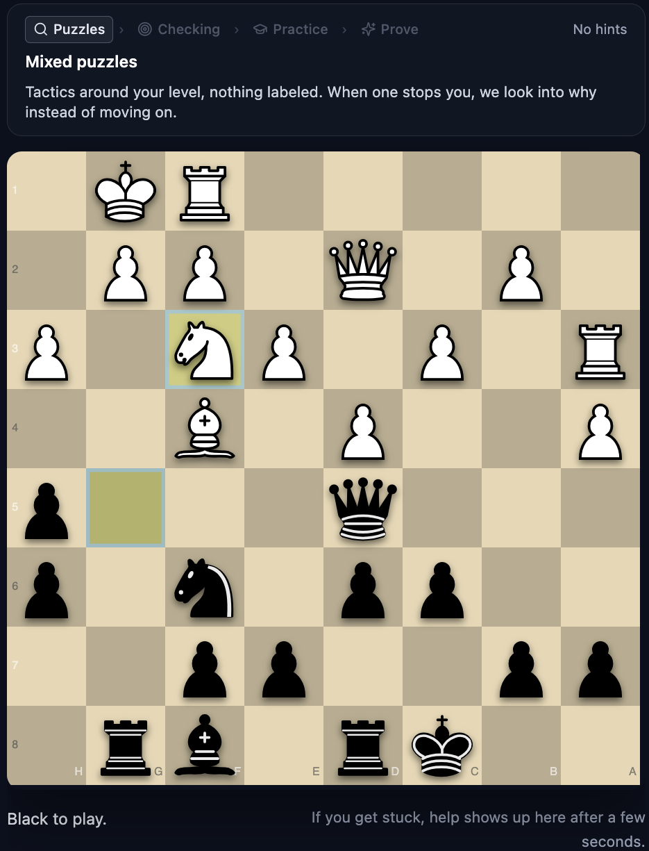 A Skill Compass position in progress: a four-stage track reading Puzzles, Checking, Practice, Prove above the board, and the prompt "Black to play" below it.